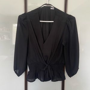 Black flowy blouse with tie at the waist